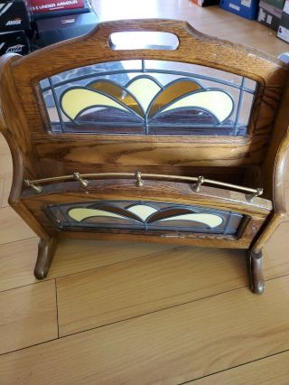 Vintage Wooden Magazines/book Rack With Carrying Handle Dark Brown Stained Glass