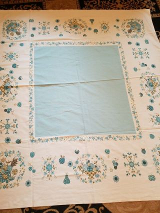 Vintage Cotton Print Tablecloth Turquoise Pineapple