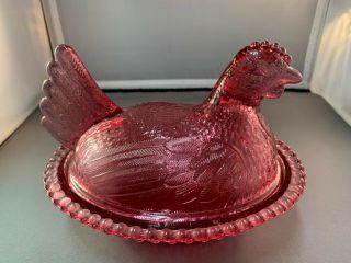 Vintage Indiana Glass Hen On Nest - - Cranberry Colored Glass