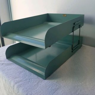Vintage Green Flash Filing Two Tier Metal Organizer In & Out Paper Letter Tray