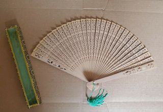 Vintage Antique Chinese Carved Punched Wood Hand Fan Floral W Box Glass Top