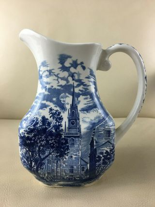Vintage Liberty Blue Staffordshire Historic Colonial Pitcher Old North Church