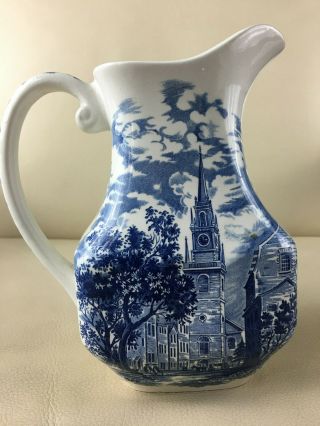 Vintage LIBERTY BLUE Staffordshire Historic Colonial Pitcher Old North Church 3
