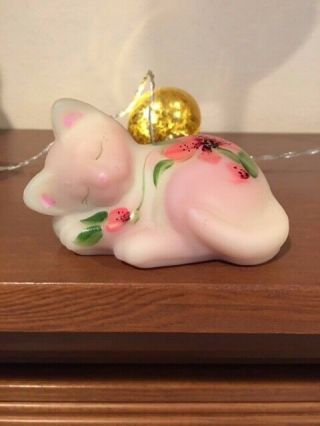 Vtg Fenton Art Glass Hand Painted Frosted Pink Sleeping Cat Signed M.  Young