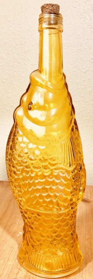 Vintage Italian Yellow Glass Fish Shaped Wine Bottle Decanter With Cork