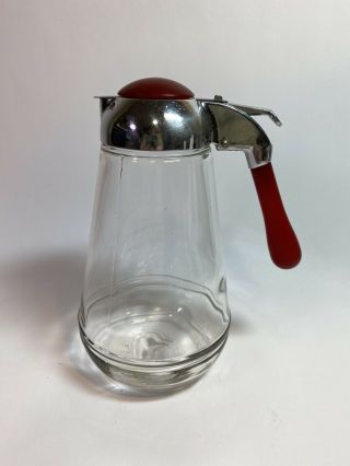 Vintage Syrup Dispenser Red Top Glass Metal Draw Back Opener 16 Oz.