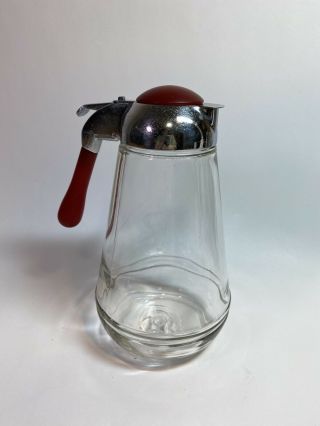 Vintage Syrup Dispenser Red Top Glass Metal Draw Back Opener 16 oz. 3