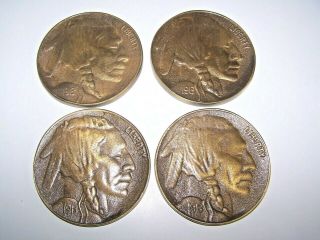 Set Of 4 Vintage Buffalo Nickel Coasters Brass Decorative For Use Or Display