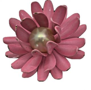 Vintage Enamel On Metal Flower Brooch Pin Pink Faux Pearl
