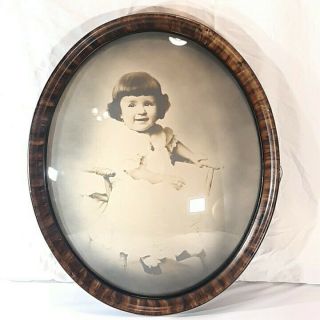 Vintage Round Convex Bubble Glass Picture Frame Large 18 " X 15 " Portrait Of Girl