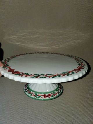 Vintage Avon 1999 Christmas Pedestal Cake Plate Stand W Holly,  Berries & Ribbon