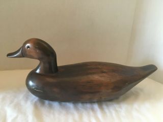 Vintage Large Solid Wood Hand Carved Stained Mallard Duck With Glass Eyes