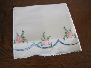 Vintage Single Pillowcase Embroidered & Crocheted Garland Of Cherry Blossoms Wow