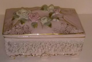 Capodimonte Style Floral Porcelain Pink & Gold Vintage Trinket Box Hand Painted