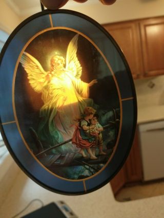 Vintage Guardian Angel Oval Glass Sun Catcher 6 3/8 " X 3/4 " O.  D.  O Has Hanging
