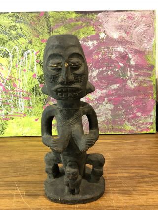 Vintage Carved Wooden African Statue Woman Babies Tribal Ethnic Ritual Fertility