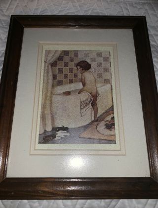 Vtg Bathroom Art Girl Tub Wood Frame