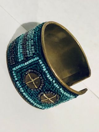 Aqua Blue Seed Bead Vintage Brass Beaded Exotic Cuff Bracelet