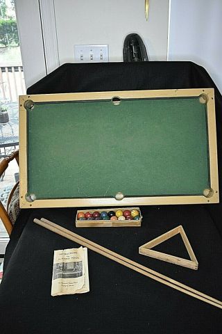 Vintage Burrowes Wood Mini Pool Table Cues Sticks.  Rule Book 16 Balls