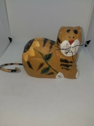Vintage Kitten Handmade Wooden Tole Painted Cat Figurine Vintage Folk Art Kitty