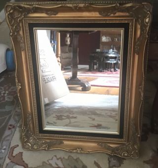 Vintage Ornate Gold Gesso Wood Framed Mirror With Black Felt Matt 23” X 46”