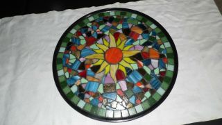Vintage Handcrafted Stained Glass Tray Sunburst Design Multicolor 16 " Round Wide