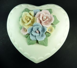 Large Vintage Bisque Porcelain Heart Shaped Lidded Trinket Box With Roses On Top