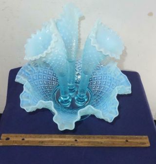 Vintage Fenton Aqua Teal Blue Opalescent Hobnail 3 Horn Epergne Bowl Vase