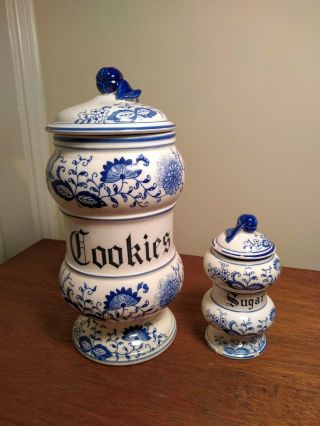Vintage Blue Onion Ornate Blue & White Ceramic Cookie Jar With Matching Sugar Ja