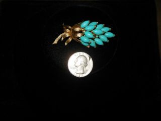 Vtg Crown Trifari Leaf & Flower Pin Brooch Faux Turquoise & Brushed Gold Tone
