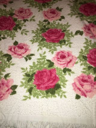 Vtg Pink & Burgundy Red Rose Bouquet Bath Towel Bath Towel