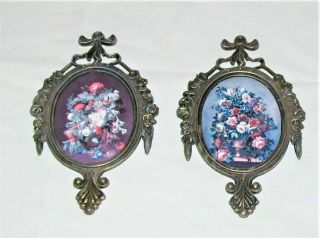 2 Vintage Ornate Brass Frame Floral Pictures Made In Italy,  4 " X 6 - 1/2 "