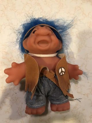 Vintage 1986 Dam Norfin Troll Doll 5 " Indian Cowboy Hippie Peace Sign Ahh Ah