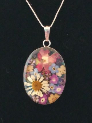 Vintage Sterling Silver 925 Necklace Pendant Flowers In Resin Silver Surround