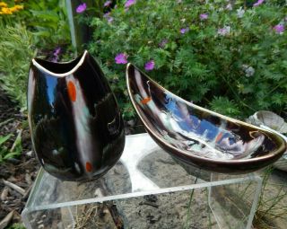 2 Vintage Germany Keramik Pottery Drip Glaze Small Bud Vase 4 3/4” & Bowl 7 "