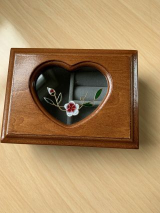 Small Vintage Jewelry Box With Glass Heart And Etched Flowers 2