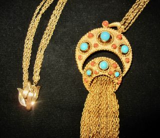 Vintage Crown Trifari " Egyptian Revival? " Long Pendant Necklace Near Cond