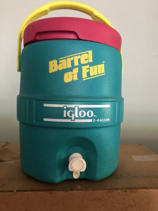 Vtg Igloo Barrel Of Fun 2 Gallon Jug Retro Dispenser Drink Cooler Teal Pink 90s