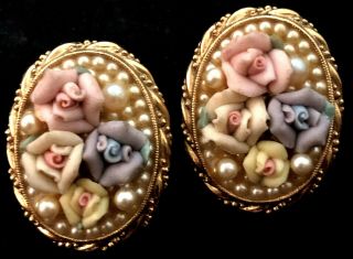 Vintage - 1928 Brand - Floral Clip On Earrings - Gold Tone