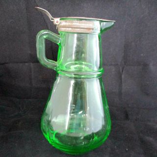Vtg Hazel Atlas Green Depression Uranium Glass Syrup Pitcher W/metal Lid