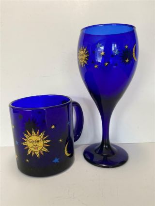 Vintage Cobalt Blue Celestial Sun Moon Stars Coffee Mug And Wine Glass