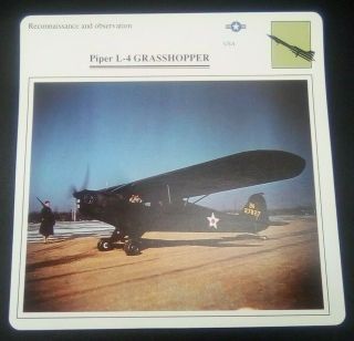 Reconnaissance And Observation Piper L - 4 Grasshopper Military Airplane Data Card