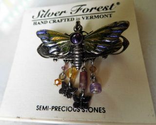 Vintage Vermont Silver Forest Dragonfly Enamel Brooch With Semi - Precious Stones