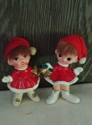 Vintage 2 Caffco Japan App 4 " Christmas Girls Bell Ringing Figurines Real Hair