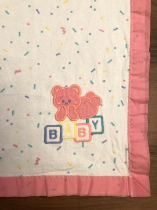 Vintage Cuddle Time Baby Blanket Pink Trim Teddy Bear Blocks 100 Cotton 1980’s