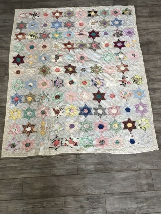 Vintage Multi Color Flower Handmade Patchwork Quilt 65” X 78”
