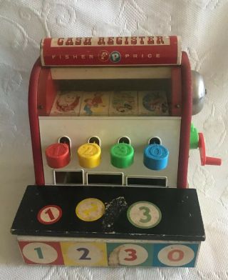 Vintage Fisher Price Wood Cash Register 972 With 3 Wooden Coins (1960 