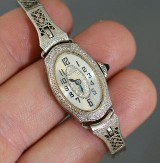 Vintage Bulova Ladies 14k White Gold Filled Art Deco Filigree Band Wrist Watch