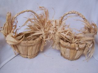2 Vintage Corn Husks Baskets With Corn Cobs With Paper Labels