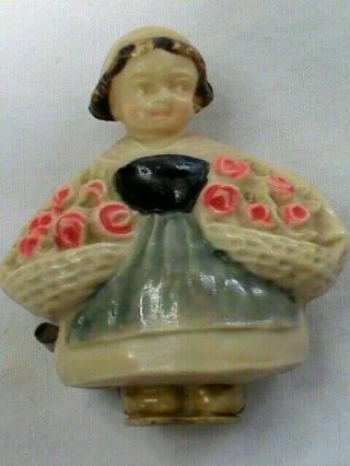 Vintage Celluloid Figural Sewing Tape Measure Girl With Flower Baskets